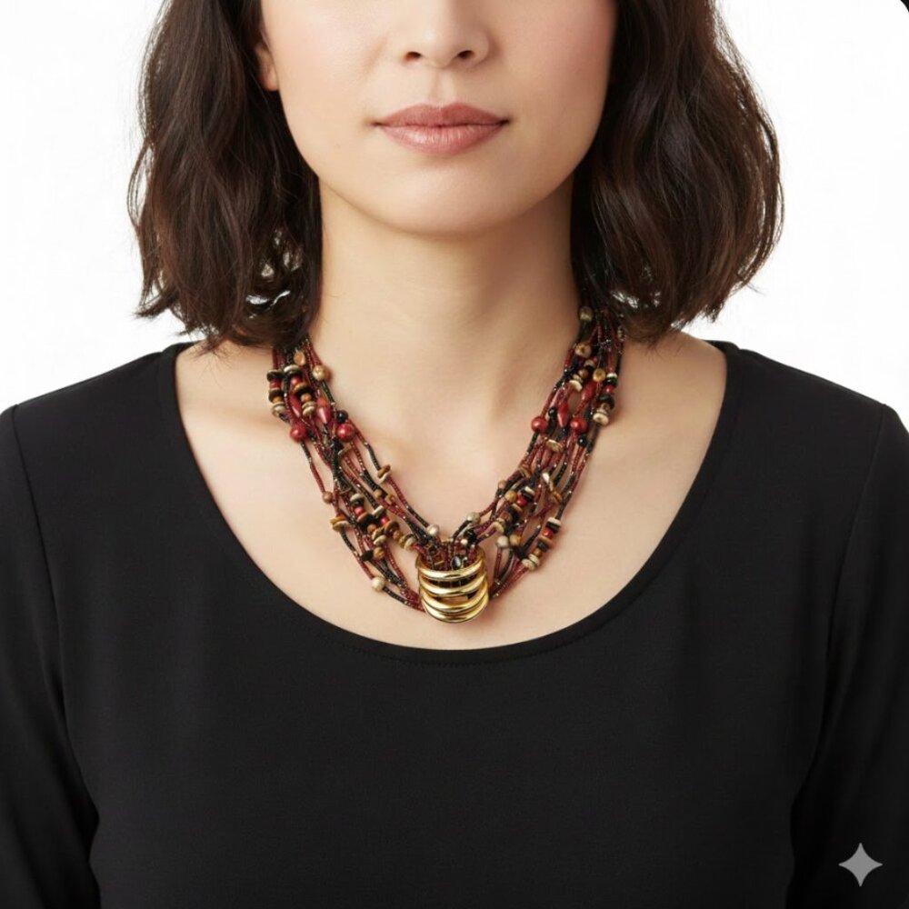 25" Multi Strand Beaded Necklace with Golden Rings from Africa